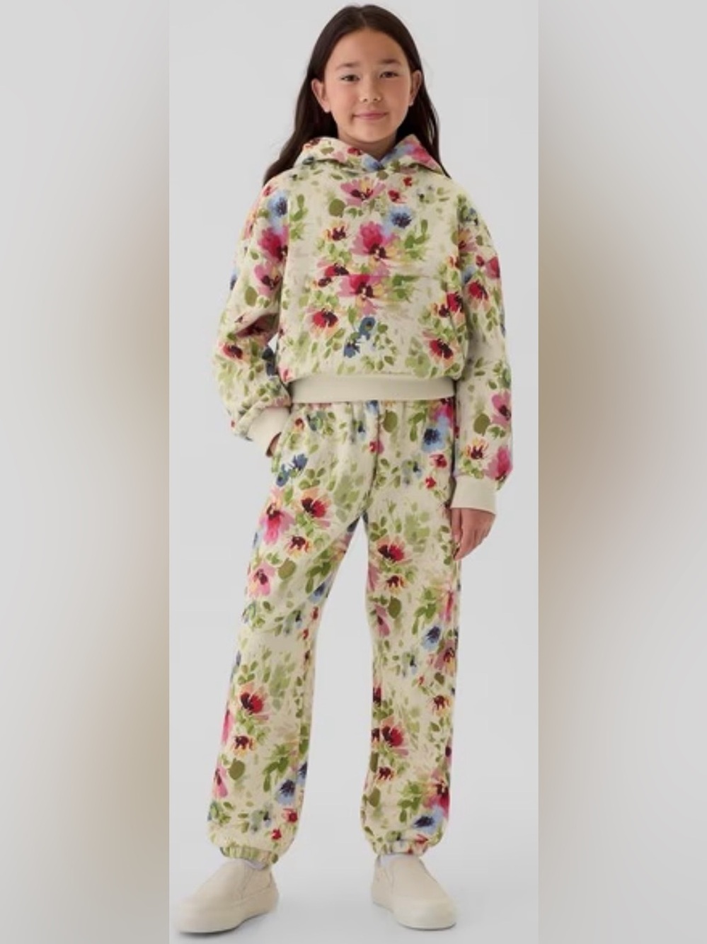 GAP Floral Hoodie Matching Set in Cream with Pink, Green & Blue Accents. Size 12